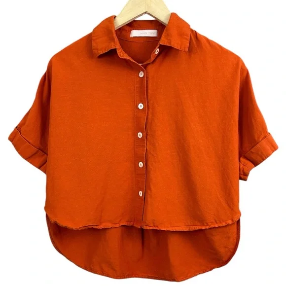 Mango Oversized Orange Linen Blend Short Sleeve Button-Up Shirt Size 2 - Picture 1 of 12